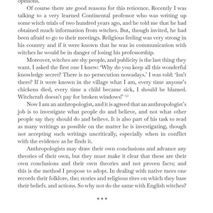 May include: A printed page from a book titled "Witchcraft Today." The text discusses the study of witchcraft, the reticence of witches, and the role of anthropologists in understanding beliefs and practices. The page number is 2.