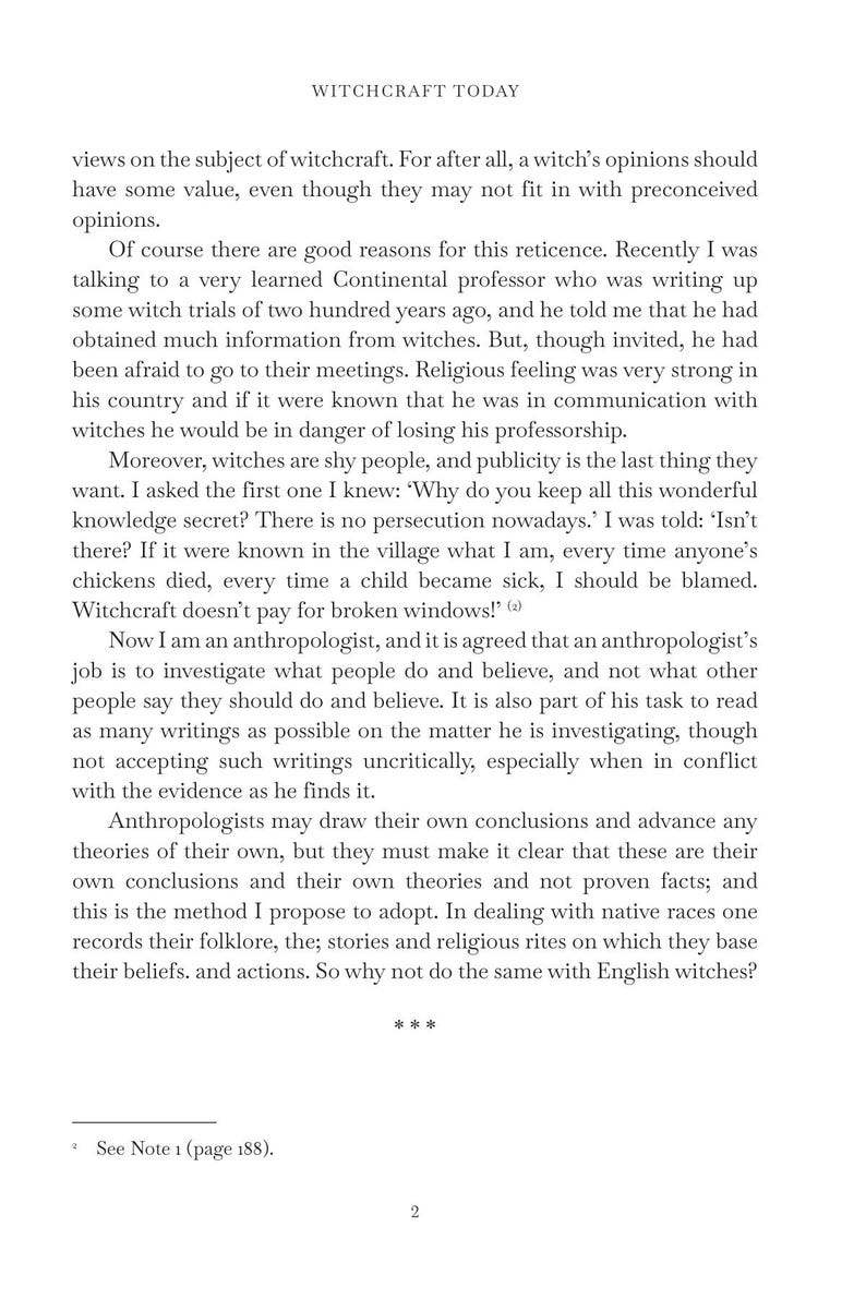 May include: A printed page from a book titled "Witchcraft Today." The text discusses the study of witchcraft, the reticence of witches, and the role of anthropologists in understanding beliefs and practices. The page number is 2.