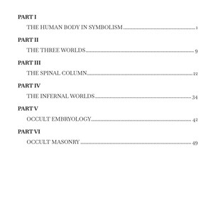 May include: A white page with the title "Table of Contents" in a serif font. The text lists the parts of a book, including "The Human Body in Symbolism," "The Three Worlds," and "Occult Masonry."