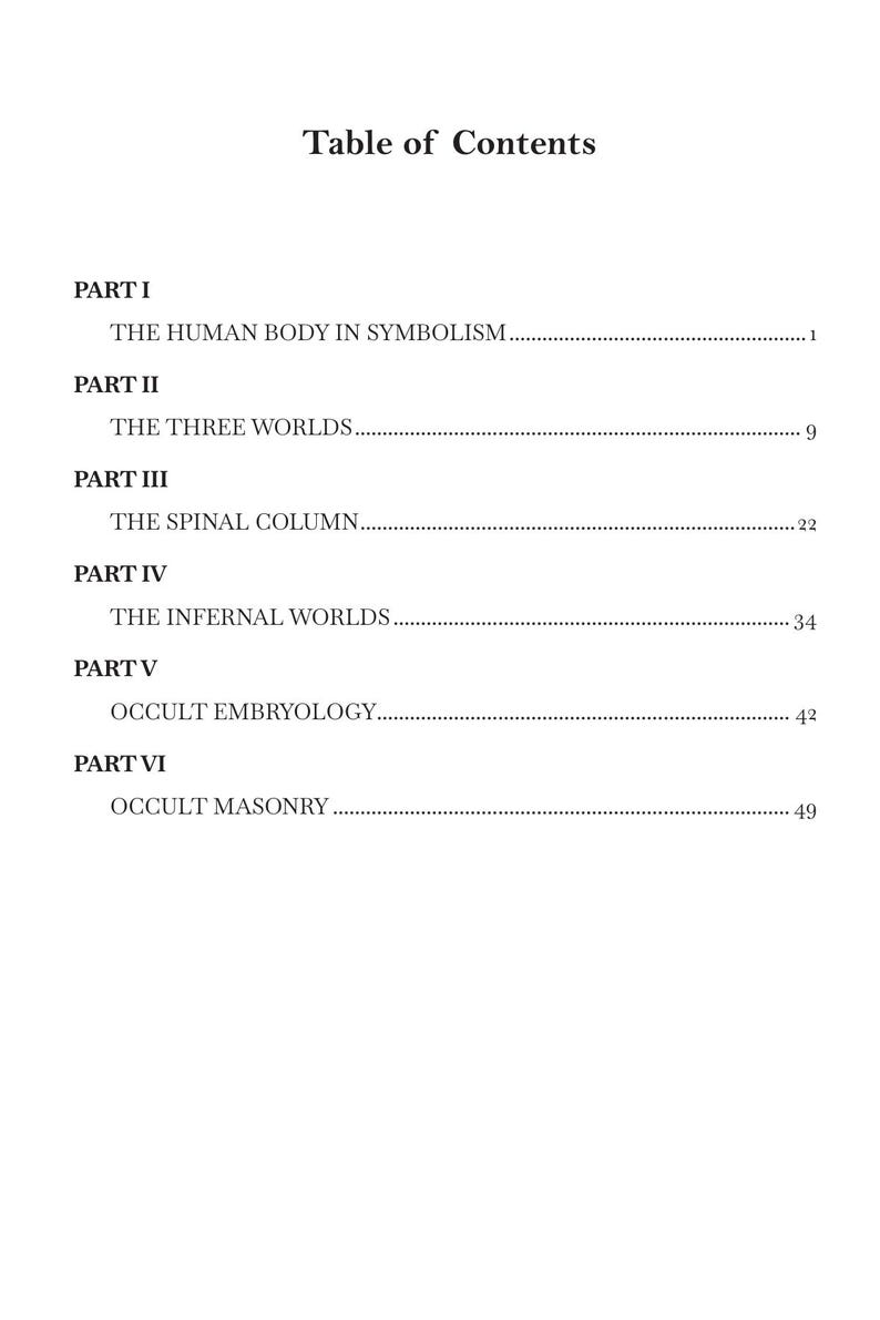May include: A white page with the title "Table of Contents" in a serif font. The text lists the parts of a book, including "The Human Body in Symbolism," "The Three Worlds," and "Occult Masonry."
