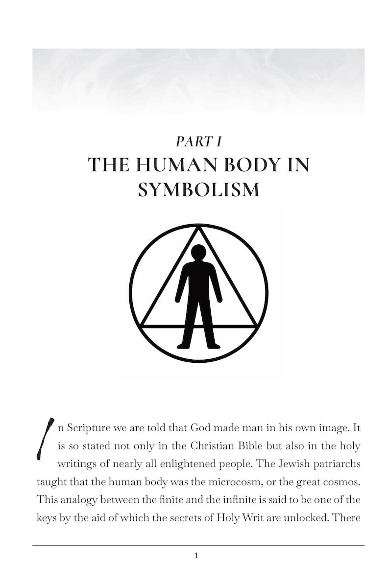 May include: Page from a book with the title "THE HUMAN BODY IN SYMBOLISM." The page features a black and white illustration of a human figure inside a circle and triangle. The text includes the phrase "God made man in his own image."