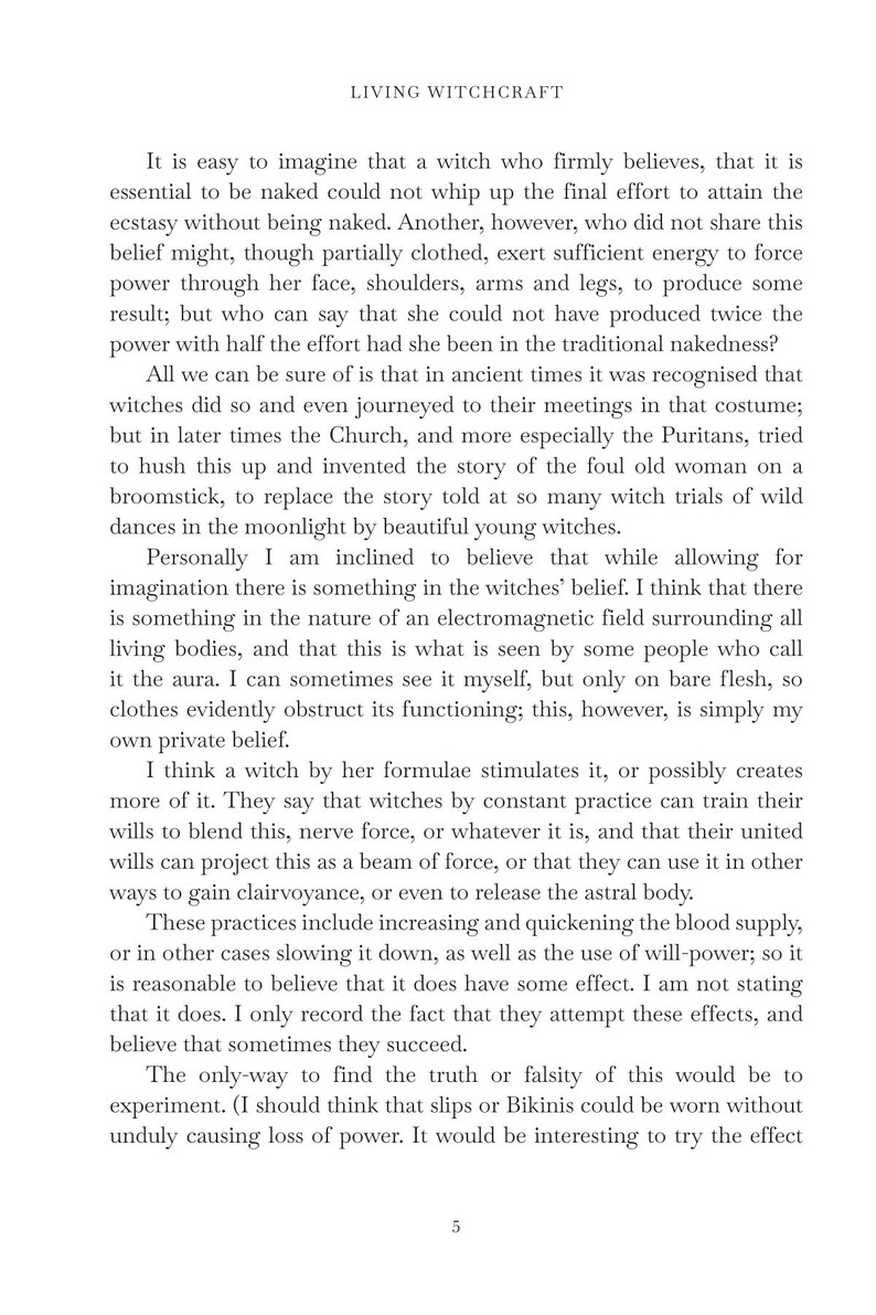 May include: Text from a book titled "Living Witchcraft" on a white background. The text discusses witches, beliefs, and practices, including the use of will-power and the astral body. The page number 5 is visible.