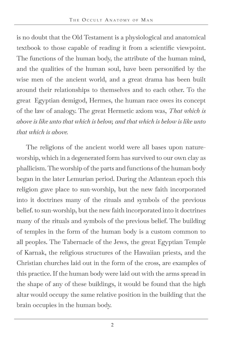 May include: A page from "The Occult Anatomy of Man" with text discussing ancient religions, the human body, and symbolism. The text is in black font on a white background, with the number 2 at the bottom.
