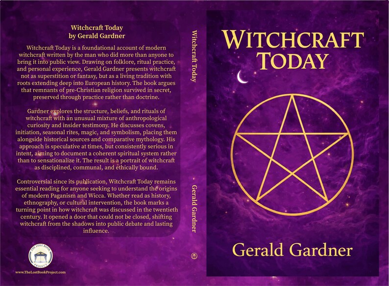 May include: Book cover for "Witchcraft Today" by Gerald Gardner. The cover is purple with gold text and a pentagram symbol. The book explores the history and practices of modern witchcraft.