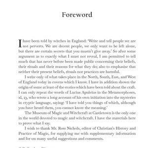 May include: A page from a book titled "Foreword" with black text on a white background. The text discusses witchcraft, magic, and the Museum of Magic and Witchcraft at Castletown.