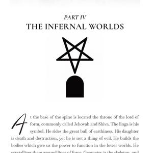 May include: A page from a book with the title "THE INFERNAL WORLDS" and a pentagram symbol. The text describes concepts related to the spine, lord, and geometric problems. The page number is 34.