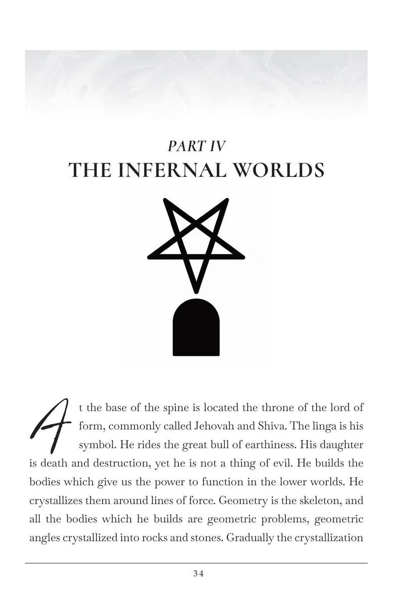 May include: A page from a book with the title "THE INFERNAL WORLDS" and a pentagram symbol. The text describes concepts related to the spine, lord, and geometric problems. The page number is 34.