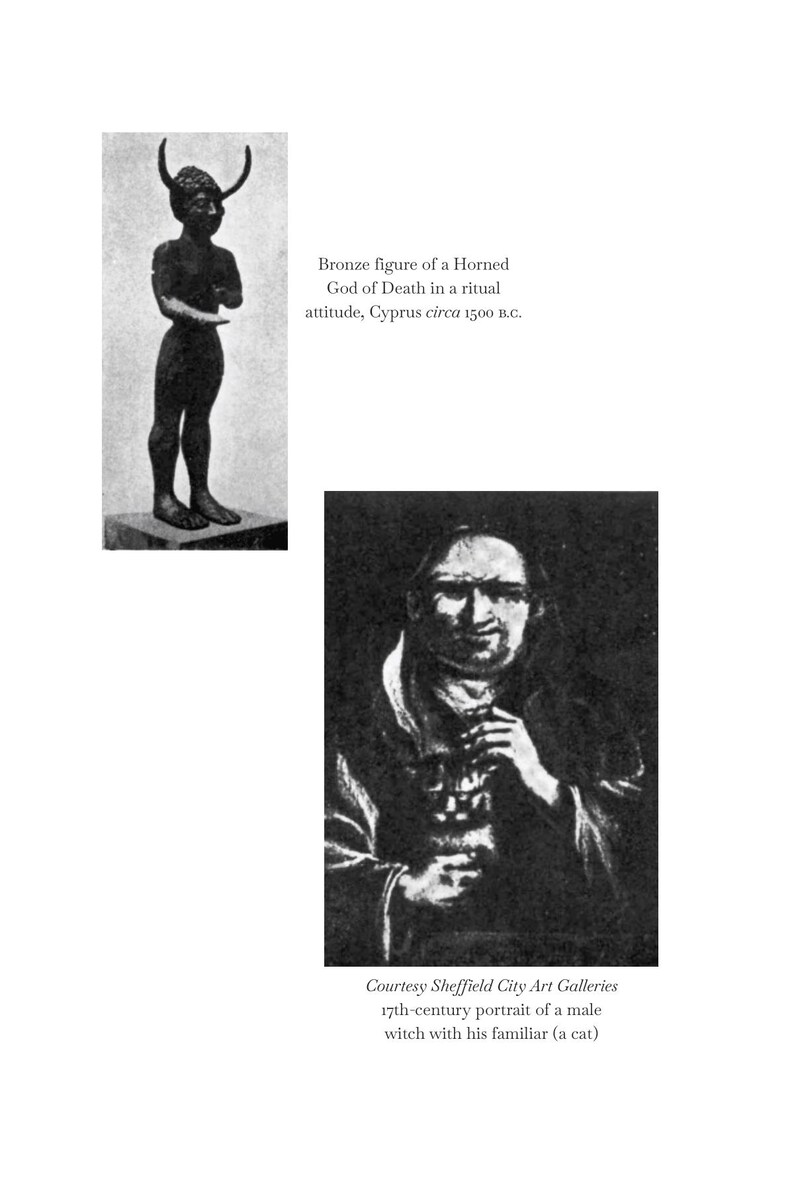 May include: A black and white image featuring a bronze figure of a horned god in a ritual pose, dating back to Cyprus around 1500 B.C. The image also includes a 17th-century portrait of a male witch.