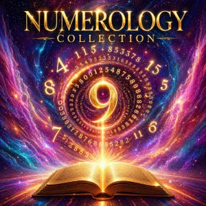 May include: A digital art image featuring the text "Numerology Collection" in gold lettering. A glowing number nine is at the center, surrounded by other numbers and a swirling galaxy background. An open book is at the bottom.