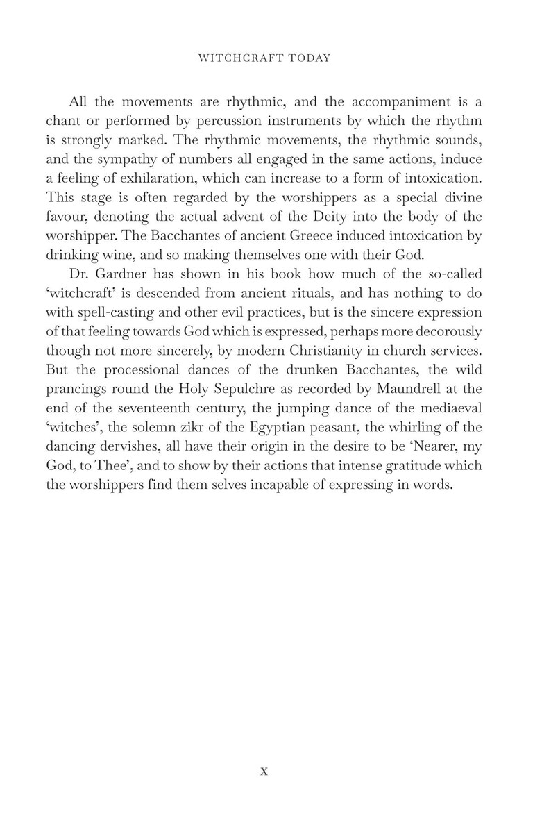 May include: A page from a book titled "WITCHCRAFT TODAY" with black text on a white background. The text discusses the origins of witchcraft and its connection to ancient rituals and religious practices. The page includes a paragraph of text and the letter "X" at the bottom.