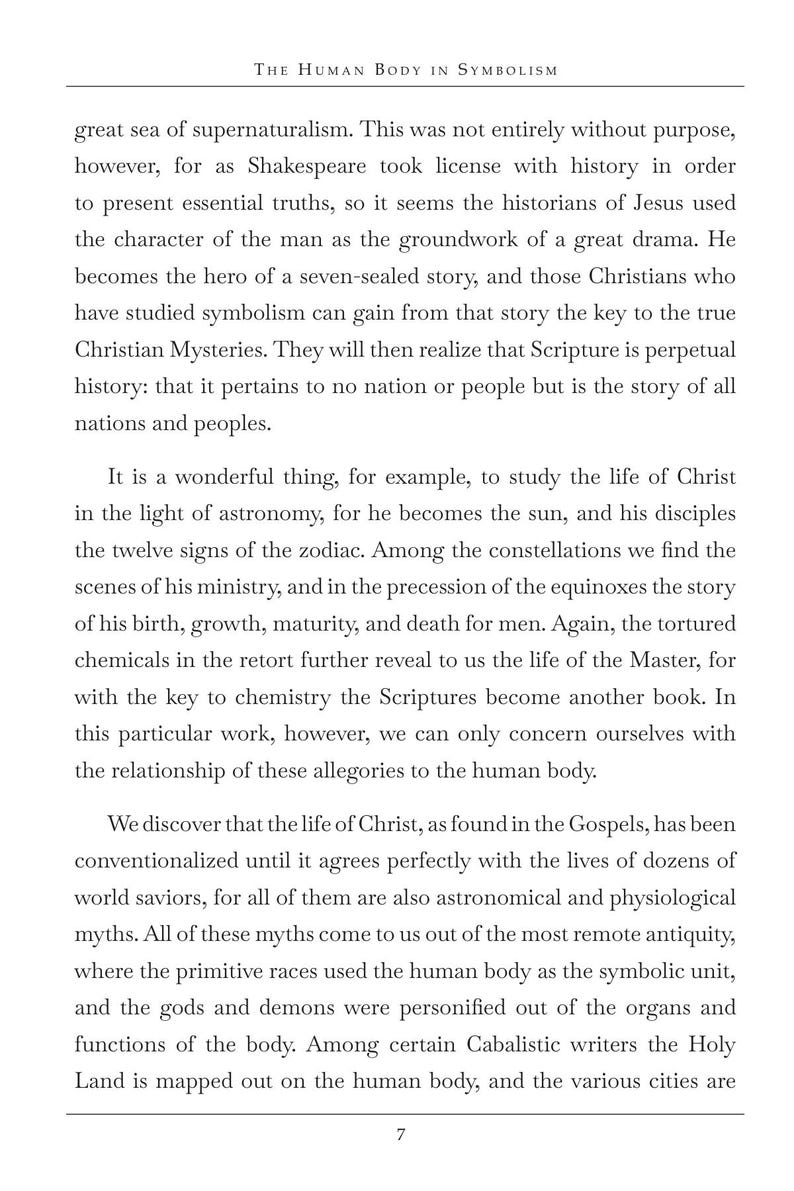 May include: A printed page from a book titled "The Human Body in Symbolism." The text discusses symbolism, Christianity, and the human body, with the number 7 at the bottom of the page.