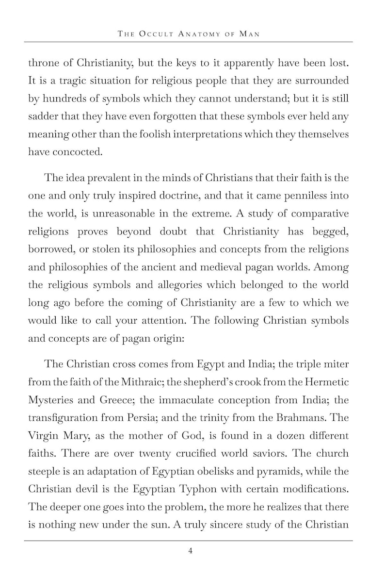 May include: A page from "The Occult Anatomy of Man" with text discussing the origins of Christian symbols and concepts. The text is in black font on a white background. The page number "4" is at the bottom.