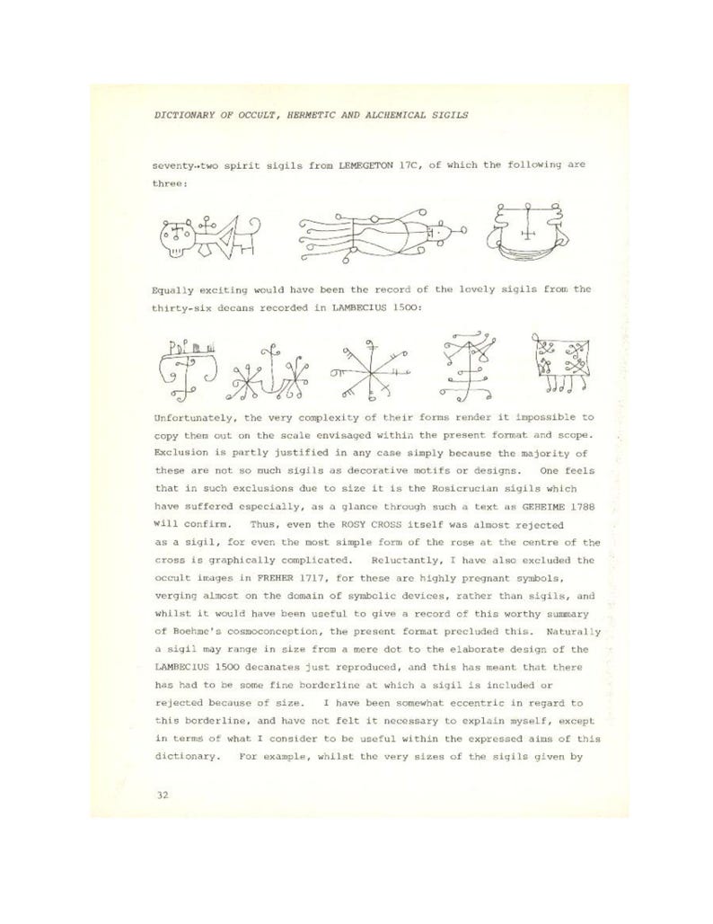 Puede incluir: Una p&aacute;gina de un diccionario titulada "DICTIONARY OF OCCULT, HERMETIC AND ALCHEMICAL SIGILS". El texto describe e ilustra varios sigilos, incluidos los de Lemegeton 17C y Lambecius 1500. La p&aacute;gina incluye varias ilustraciones en blanco y negro de sigilos.
