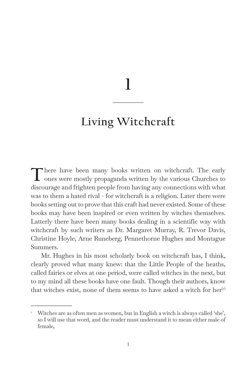 May include: A page from a book titled "Living Witchcraft" with the number "1" at the top. The text discusses the history of books written about witchcraft, mentioning authors and their perspectives on the subject.