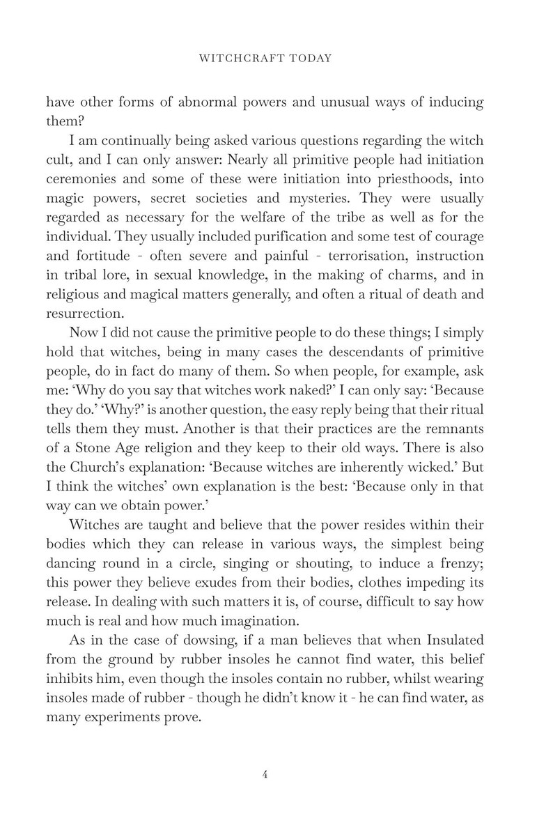 May include: A page from "Witchcraft Today" with text discussing witch cults, initiation ceremonies, magic, and rituals. The text is in black font on a white background. The page number is visible at the bottom.
