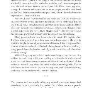 May include: A page from "Living Witchcraft" by Michael Houghton. The text is in black font on a white background. The book discusses magic, reincarnation, and the author's experiences with spiritualism.