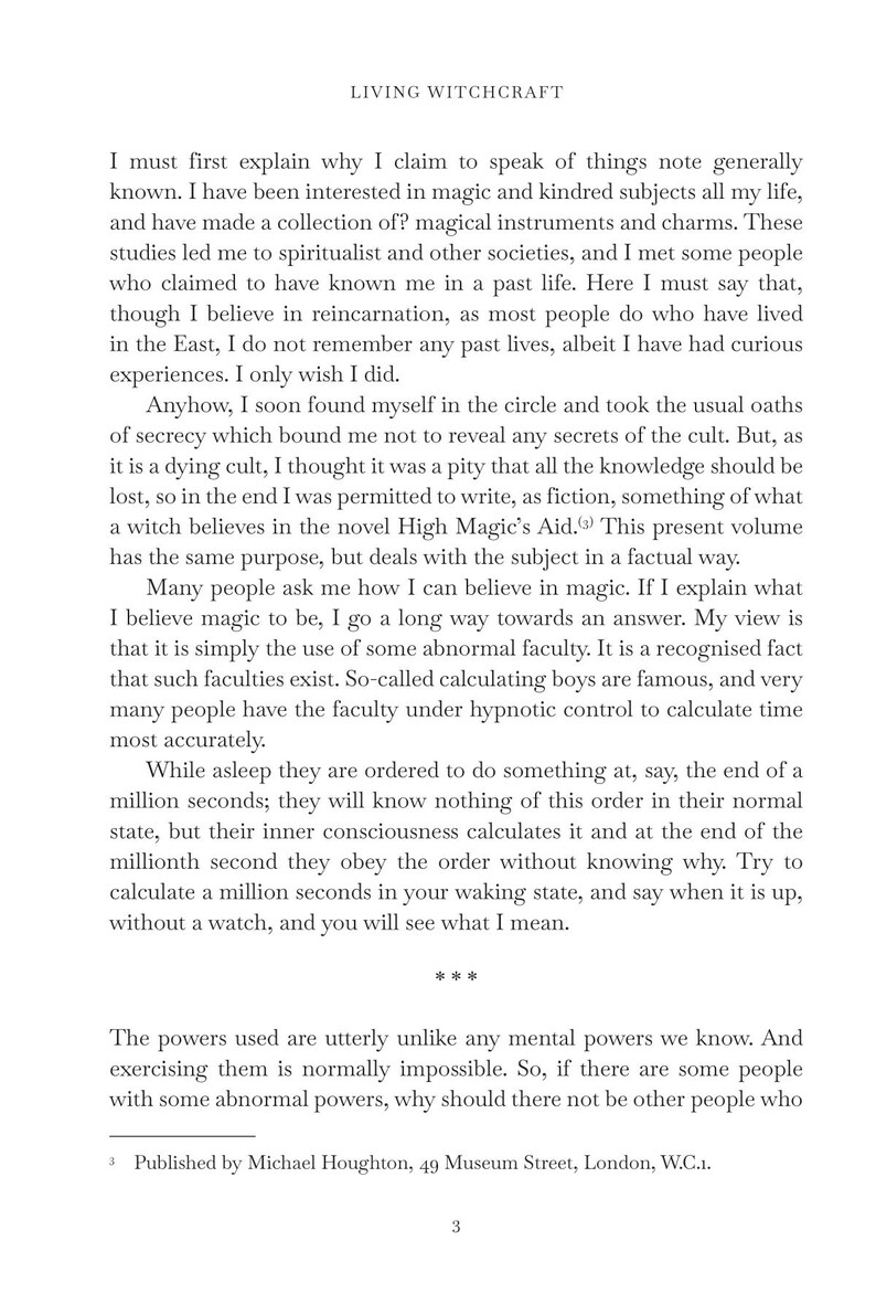 May include: A page from "Living Witchcraft" by Michael Houghton. The text is in black font on a white background. The book discusses magic, reincarnation, and the author's experiences with spiritualism.