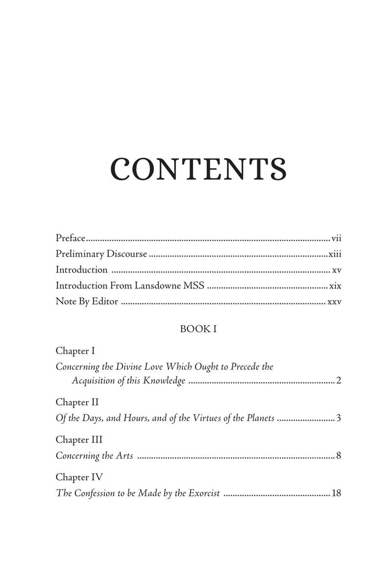 Puede incluir: Una p&aacute;gina de libro con el t&iacute;tulo "CONTENTS" en negrita. La p&aacute;gina enumera los t&iacute;tulos de los cap&iacute;tulos y los n&uacute;meros de p&aacute;gina, incluyendo "Concerning the Divine Love" y "The Confession to be Made by the Exorcist."