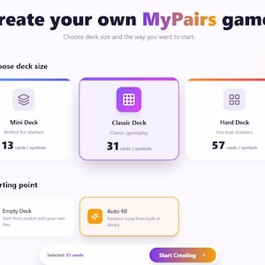 May include: A digital interface for a MyPairs game, featuring options for deck size: Mini (13 cards), Classic (31 cards), and Hard (57 cards). Users can choose to start with an empty deck or auto-fill with icons.