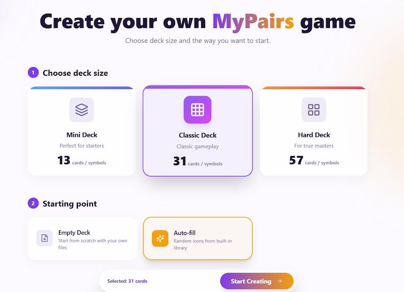 May include: A digital interface for a MyPairs game, featuring options for deck size: Mini (13 cards), Classic (31 cards), and Hard (57 cards). Users can choose to start with an empty deck or auto-fill with icons.