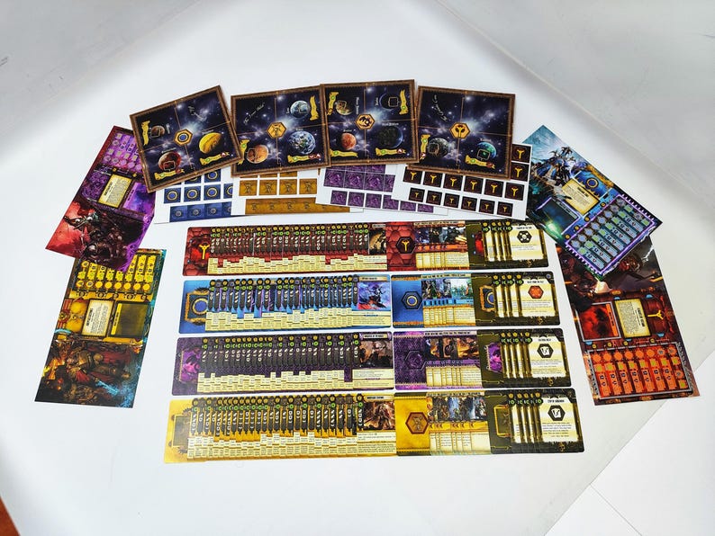 May include: A collection of board game components, including game boards, cards, and tokens. The game boards feature a space theme with planets and galaxies. The cards and tokens have various colors and designs, suggesting a strategy or adventure game.