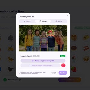 May include: Screenshot of a symbol editor interface. A pop-up window displays a photo of five children. The window includes options to upload, remove background, and improve quality. The text "Choose symbol #2" is visible.