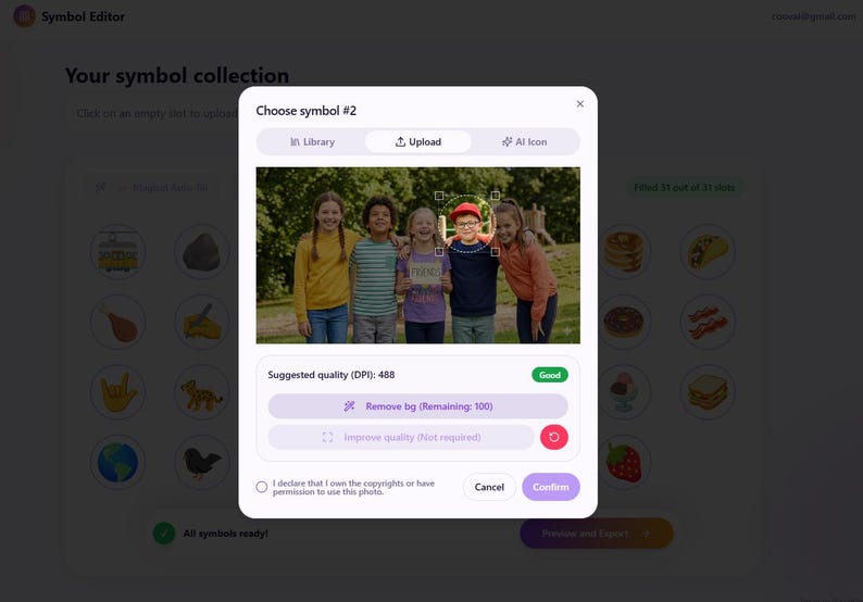 May include: Screenshot of a symbol editor interface. A pop-up window displays a photo of five children. The window includes options to upload, remove background, and improve quality. The text "Choose symbol #2" is visible.