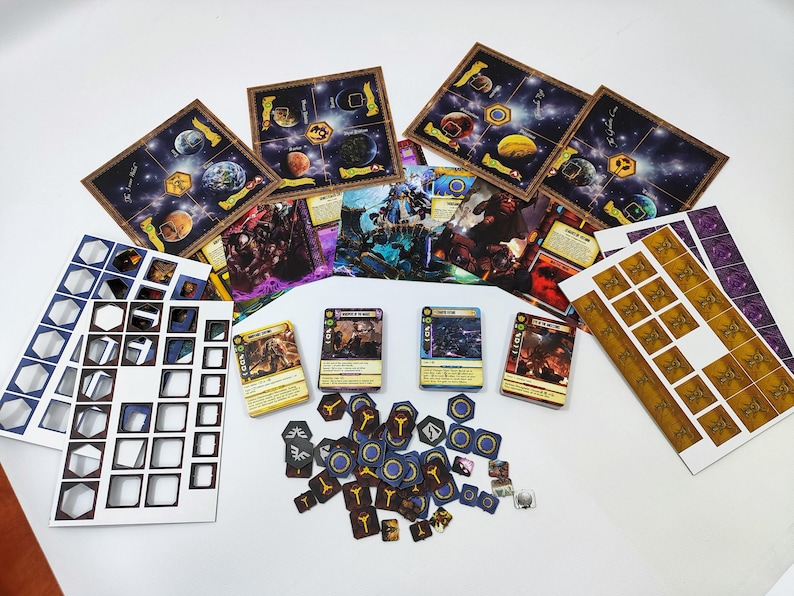 May include: A board game set with various components, including game boards depicting planets, cards with illustrations, and numerous tokens. The color palette includes blues, browns, and yellows, suggesting a space or fantasy theme.