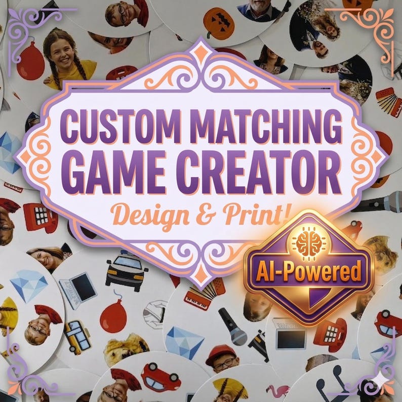 May include: A promotional image for a custom matching game creator. The design features a large, ornate, purple and white sign with the text "CUSTOM MATCHING GAME CREATOR" and "Design & Print!". An "AI-Powered" badge is also present.