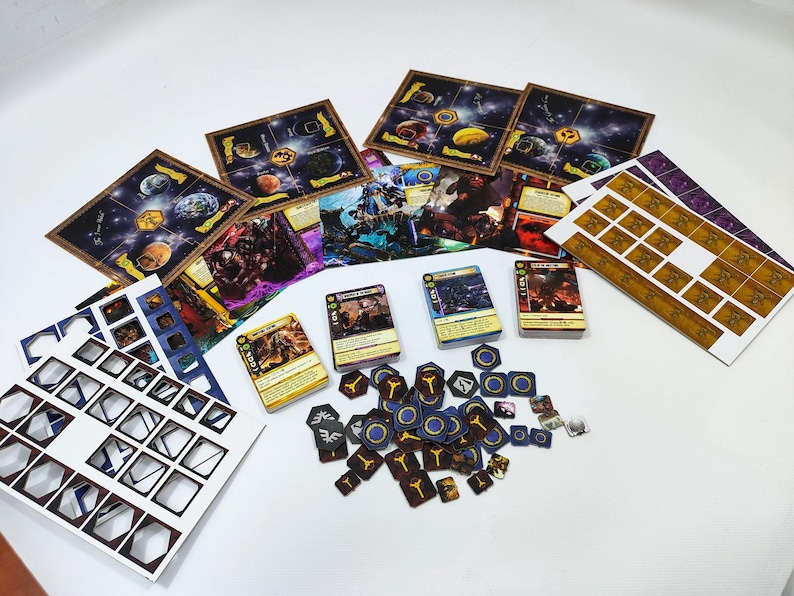 May include: A collection of board game components, including cards, game boards, and tokens. The cards feature illustrations and text, while the boards depict celestial bodies. The tokens are various shapes and colors, suggesting a strategy game.