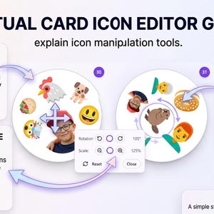 May include: A guide for the Virtual Card Icon Editor. The image shows how to move, adjust the size, and rotate icons. The guide includes a screenshot of the editor interface with various icons and a person's photo.