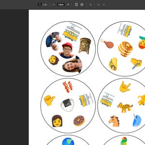 May include: A page with circular illustrations. Each circle contains a different set of images, including people, food, and emojis. The illustrations are colorful and varied, with a cartoon-like style. The circles are arranged in a grid pattern.