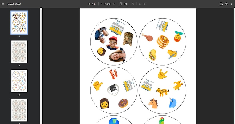 May include: A page with circular illustrations. Each circle contains a different set of images, including people, food, and emojis. The illustrations are colorful and varied, with a cartoon-like style. The circles are arranged in a grid pattern.