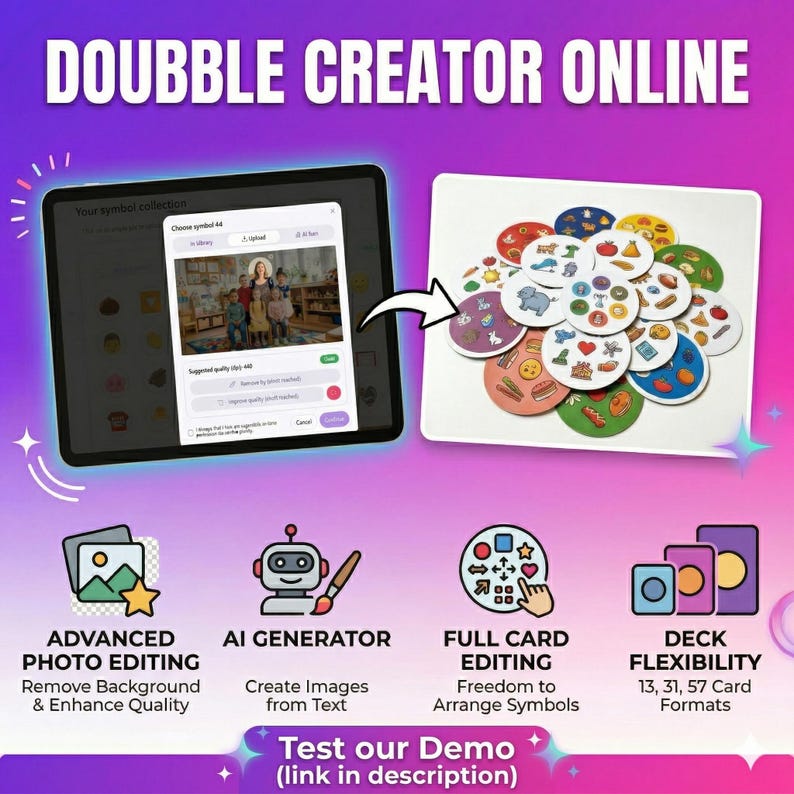 May include: An advertisement for Doubble Creator Online, featuring a tablet displaying photo editing options and a set of colorful circular cards with various symbols. The image highlights features like AI generation and deck flexibility.