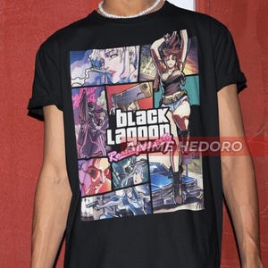May include: Black t-shirt with a graphic print of characters from the anime series Black Lagoon. The graphic includes the text "Black Lagoon" and "Roanapur Anime Party".