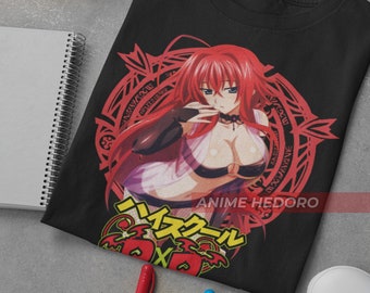 May include: Black t-shirt with a red and white anime character graphic. The character is a woman with red hair and a red and white outfit. The text "High School DxD" is printed in Japanese on the shirt.