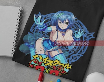 May include: Black t-shirt with a blue and white anime character wearing a blue and white outfit. The character is surrounded by a blue and white circle with the text "High School DxD" in Japanese. The text "Anime Hedoro" is also on the shirt.