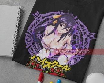 May include: Black t-shirt with a purple and white anime character design. The character is a woman with long purple hair and a yellow bow. The text "High School DxD" is printed in red and white on the shirt.