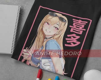 May include: Black t-shirt with a pink frame featuring an anime character with blonde hair and pink eyes wearing sunglasses. The text "夢路" is in pink on the right side of the frame. The text "ANIME HEDORO" is below the frame.