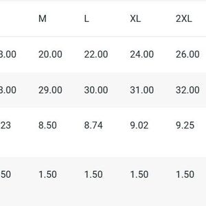 Puede incluir: Tabla de tallas para una prenda con medidas en pulgadas para el ancho, la longitud y la longitud de la manga. La tabla tambi&eacute;n incluye la tolerancia de talla en pulgadas.
