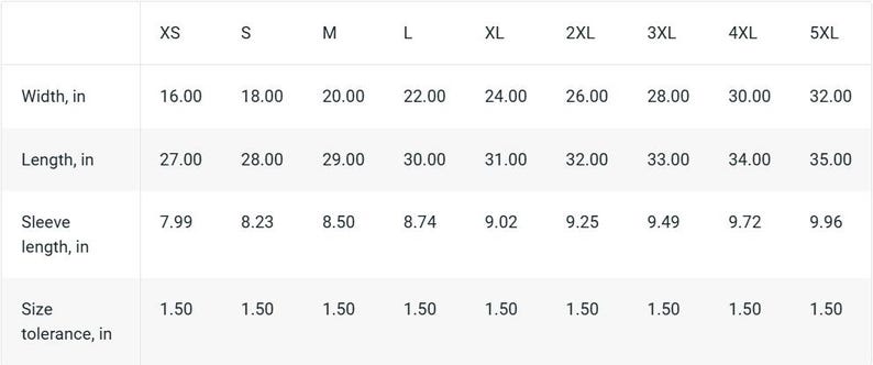 Puede incluir: Tabla de tallas para una prenda con medidas en pulgadas para el ancho, la longitud y la longitud de la manga. La tabla tambi&eacute;n incluye la tolerancia de talla en pulgadas.