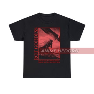 May include: Black t-shirt with a red graphic print of a character from a video game. The graphic includes the text "ROT GODDESS" and "ANIME HEDORO". The text below the graphic reads "Heed my words. I am Malenia, Blade of Miquella. And I have never known defeat."