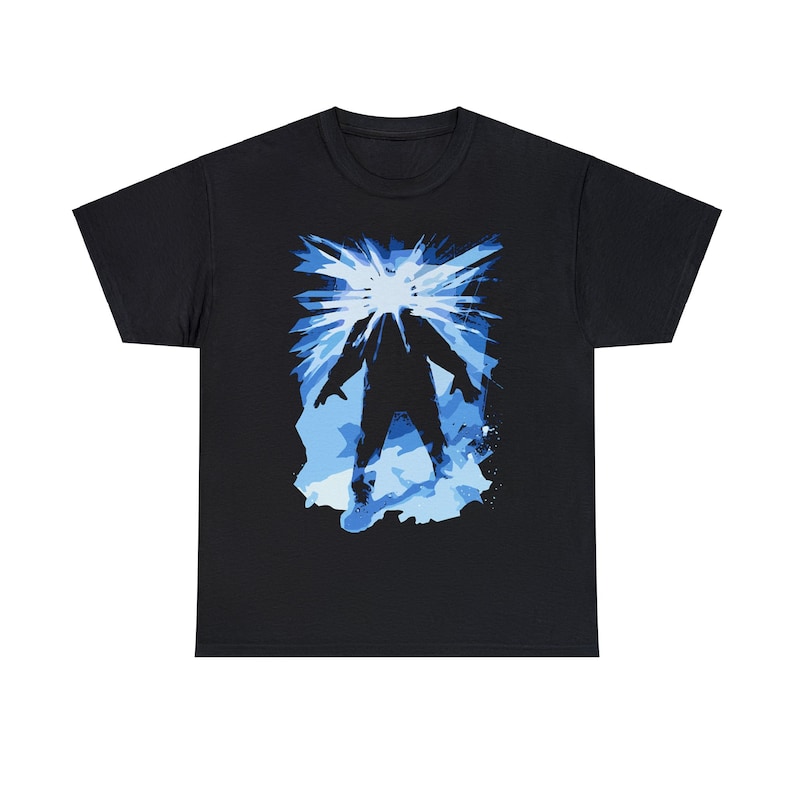 May include: Black t-shirt with a blue and white graphic of a figure being engulfed in a burst of energy.