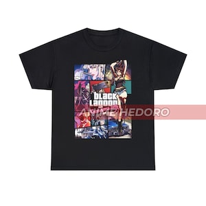 May include: Black t-shirt with a graphic print of characters from the anime Black Lagoon. The graphic is a collage of different scenes from the show, including a woman with a gun, a car, and a building. The text "Black Lagoon" is printed in white letters on a red background.