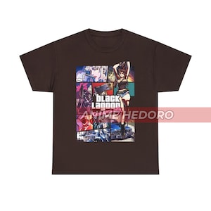 May include: A brown t-shirt with a graphic print of characters from the anime Black Lagoon. The graphic features a collage of images, including a woman with a gun, a car, and the text "Black Lagoon".