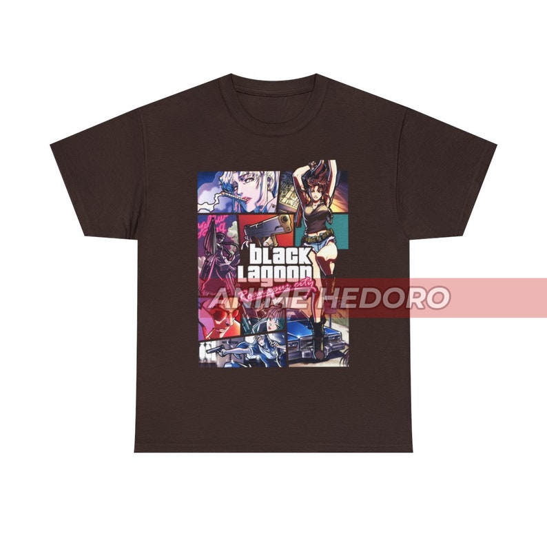 May include: A brown t-shirt with a graphic print of characters from the anime Black Lagoon. The graphic features a collage of images, including a woman with a gun, a car, and the text "Black Lagoon".