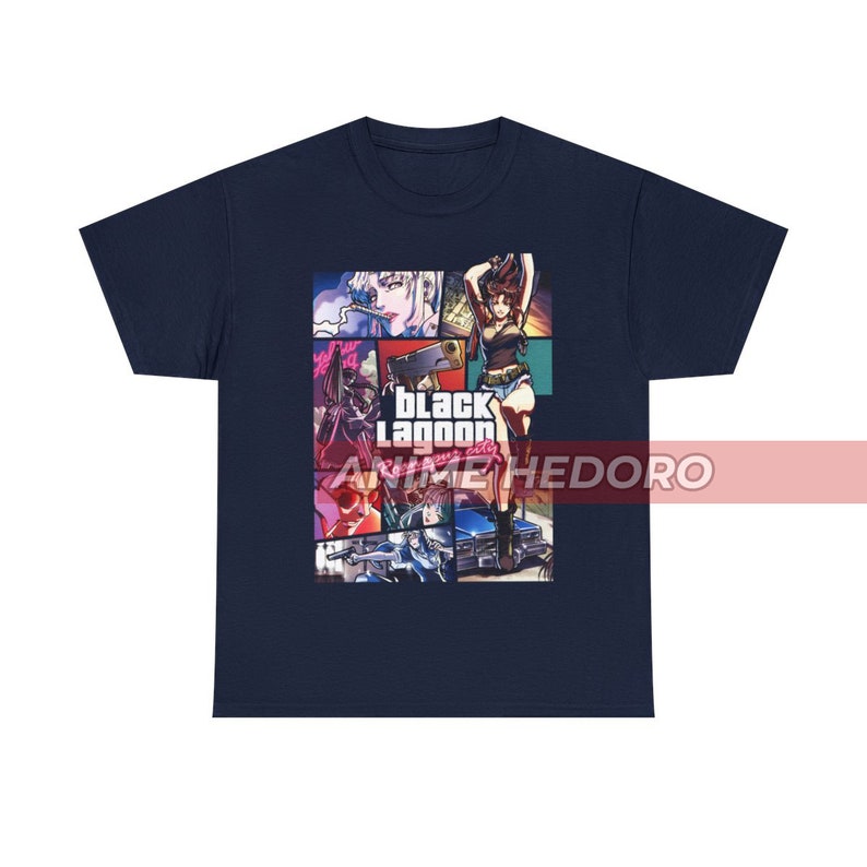 May include: A navy blue t-shirt with a graphic print of characters from the anime series "Black Lagoon". The graphic features a collage of characters in a variety of poses, including a woman with a gun, a man with a cigar, and a car. The text "Black Lagoon" is printed in white letters on a red background.
