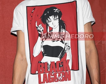 May include: White t-shirt with a red graphic of a woman with black hair and a gun. The graphic says "Black Lagoon" in black letters.