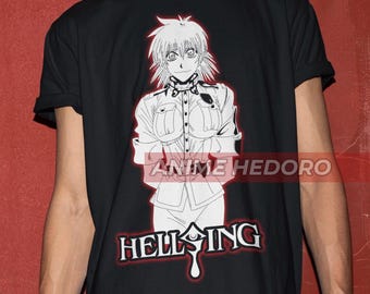 May include: Black t-shirt with a white graphic print of an anime character with the text "HELLSING" underneath.