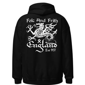 May include: Black hooded sweatshirt with a white graphic on the back. The graphic features a dragon, the words "Fole And Frith", and the word "England" with "Est 927" below it.